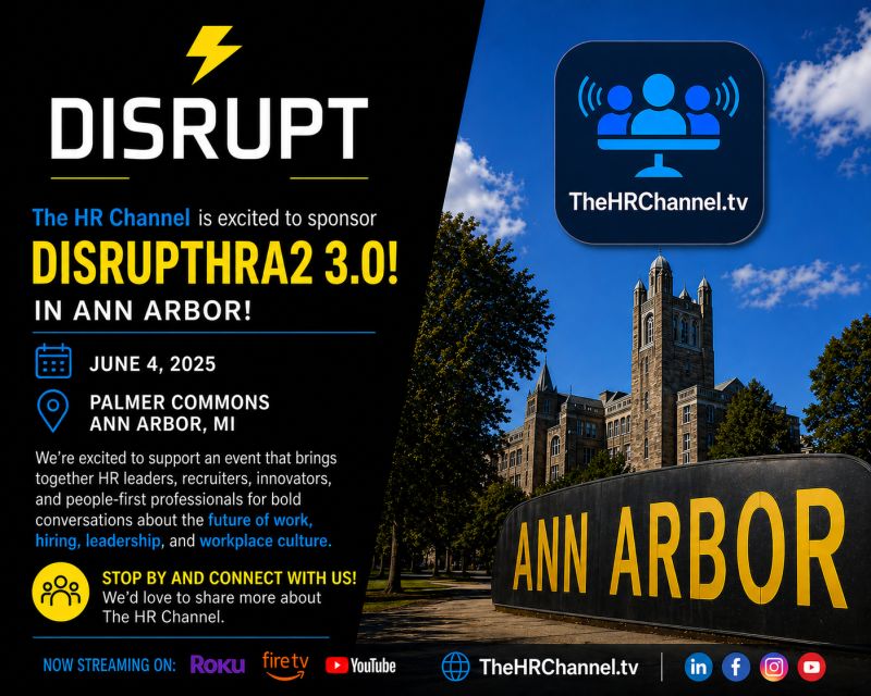 Promotional poster advertising DISRUPT HR event in Ann Arbor on June 4, 2025, with venue sign and app icon.