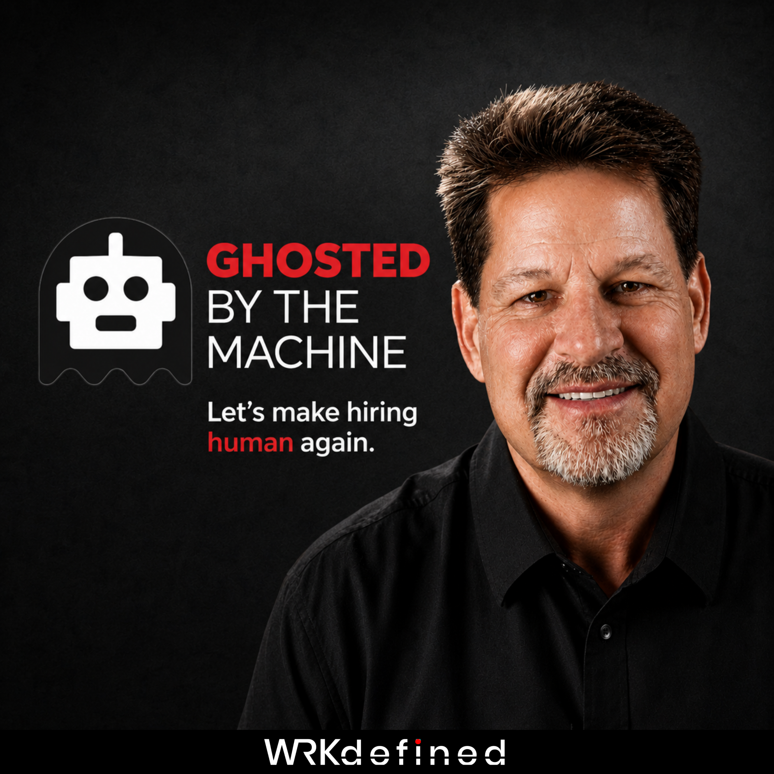 Poster image showing a man's partial face on the right, a white robot icon on the left, and bold red-and-white text about 'GHOSTED BY THE MACHINE' on a black background.
