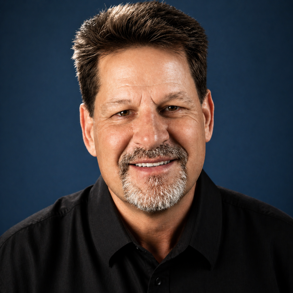 Headshot - The HR Channel Smiling middle-aged man with dark hair and a gray goatee, wearing a black shirt against a blue studio backdrop.
